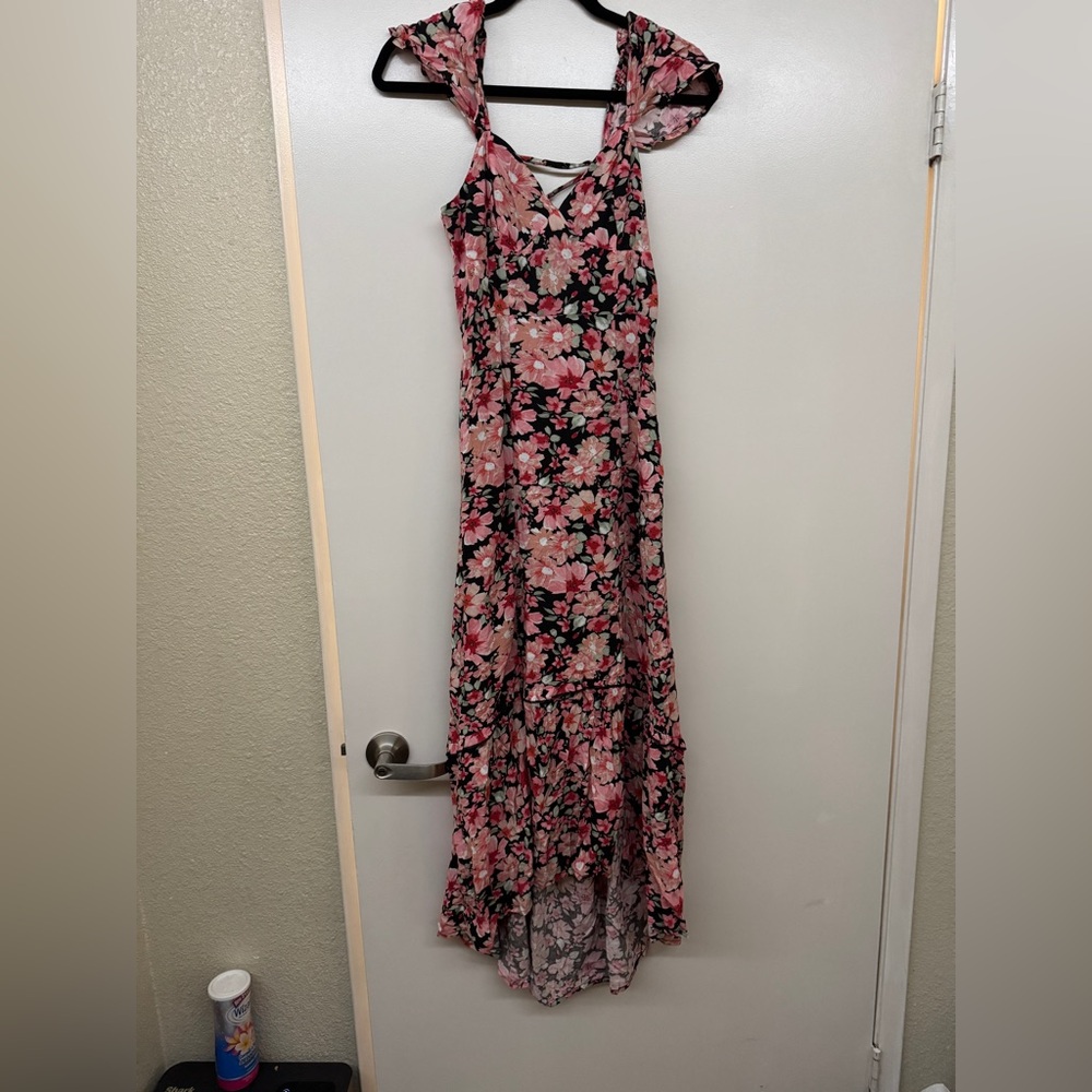 Hi-Low Pink and Black Floral Maxi Dress with small slit